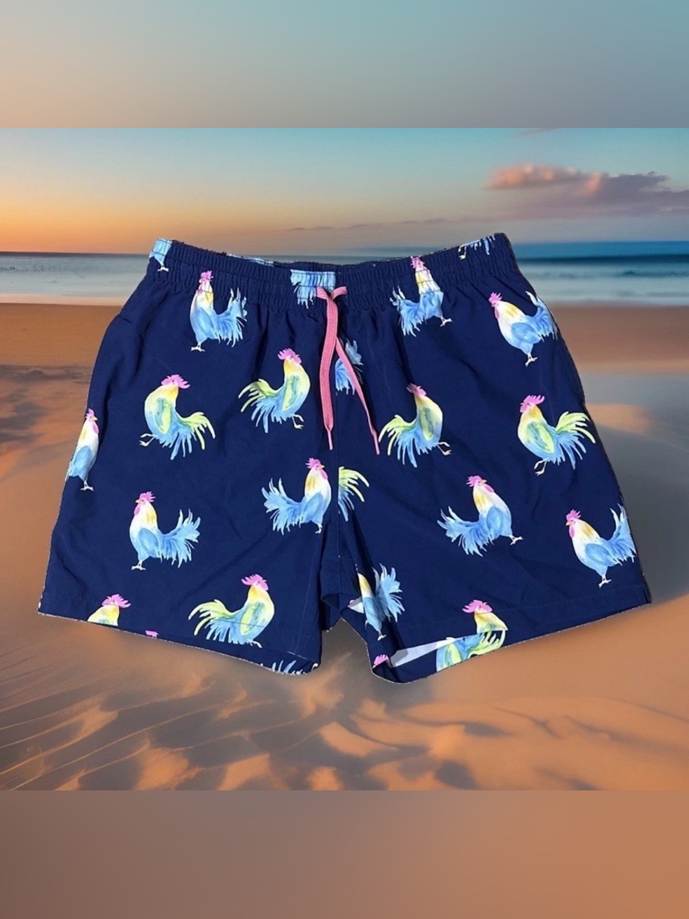 Chubbies Mens Large The Fowl Plays 5.5” Swim Trunks Navy Rooster Lining Cut Out